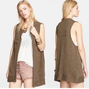 Free People Slub Knit Highway Vest Olive Oversized Small Zip Up